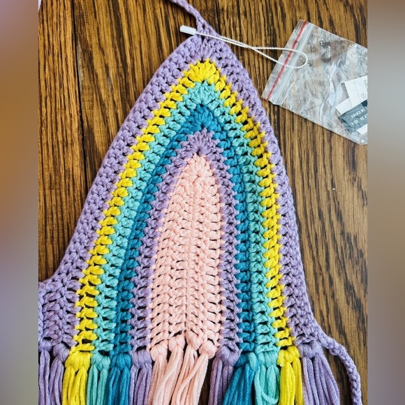 Women’s Boho Fringe Tied Crochet Halter Multicolor Cover Up Top NWT Sz M - Picture 4 of 8